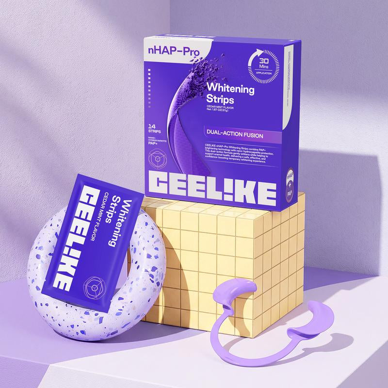 CEELIKE Purple Teeth Whitening Strips with Free Cheek Retractor - 7/21 Whitening Sessions -Nano-Hydroxyapatite Safe for Enamel - Non Sensitive Teeth Whitening - Peroxide-Free